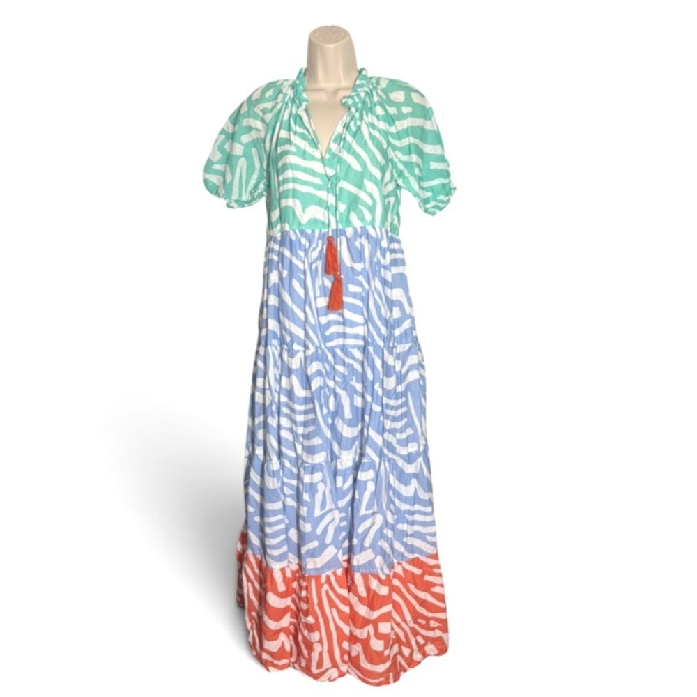 Briton Court Colorblock Zebra Tiered Boho Maxi Dress sz XS India/100% Cotton